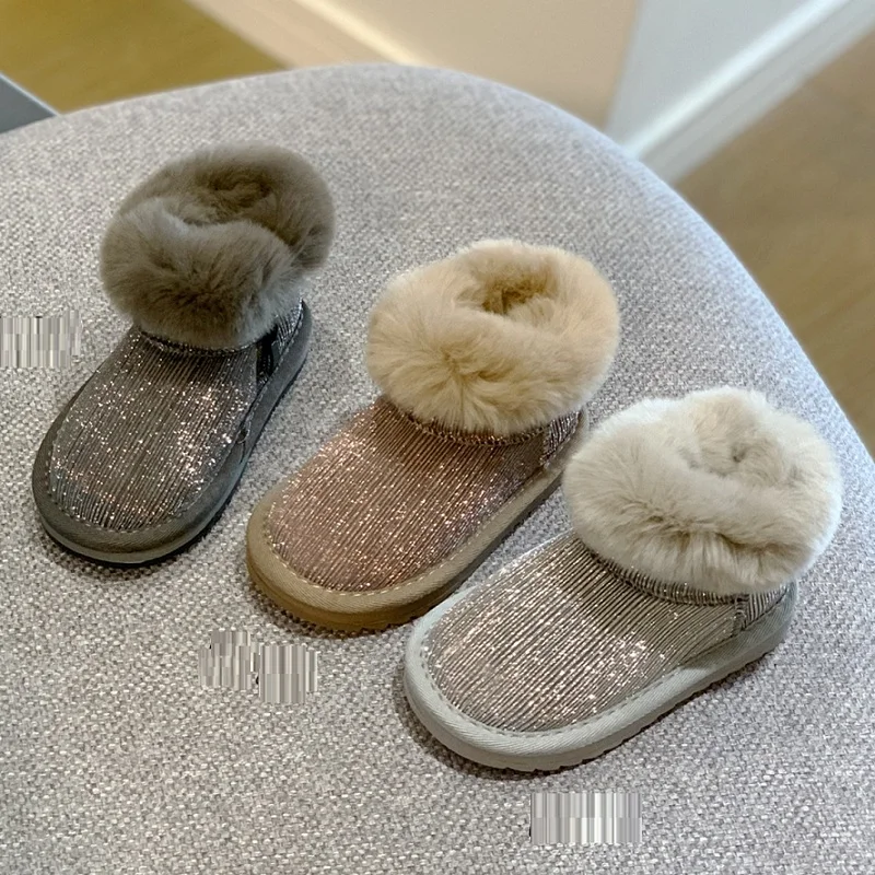 Новинка 2020 зимние детские ботинки модные теплые Блестящие ботильоны из натурального кроличьего