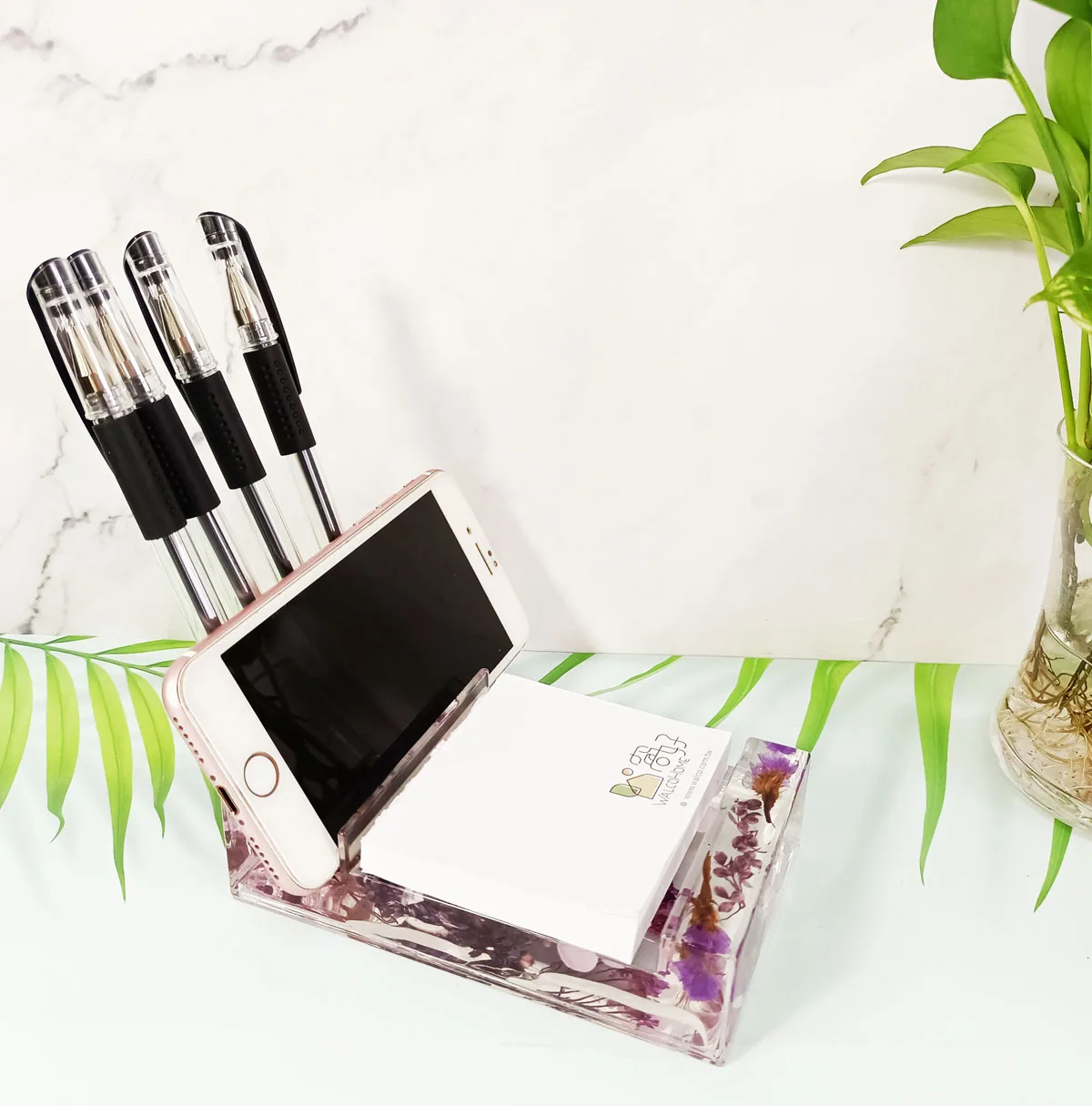 Маркетинг акриловые Memo ручка держатель телефона Фиолетовый Природа засушенные цветы коллекция офиса школы дома Настольный Органайзер