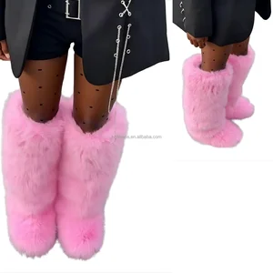 BUSY GIRL HS9283 Custom Design Boots Pink Knee-High Faux Fox Fur Boots Warm High-Tube Boot for Women Slip-Resistant Winter Boots