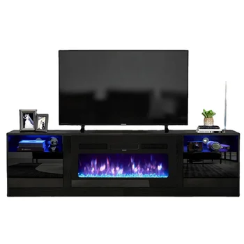 79 Inch Modern High Gloss TV Stand with 36 Inch Electric Fireplace, Electric Fireplace Heater TV Stand for TV up to 90", Black