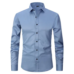 2026 New  Cotton Men Office Solid Color Button Lapel Long Sleeve Dress Shirts Business Stretch Tops Blouse Casual Shirt
