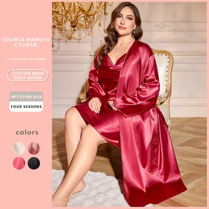 European American Style Plus Size Women's Casual Camisole Dress Set Pajamas-Sexy Satin Summer Elastic Waist Solid