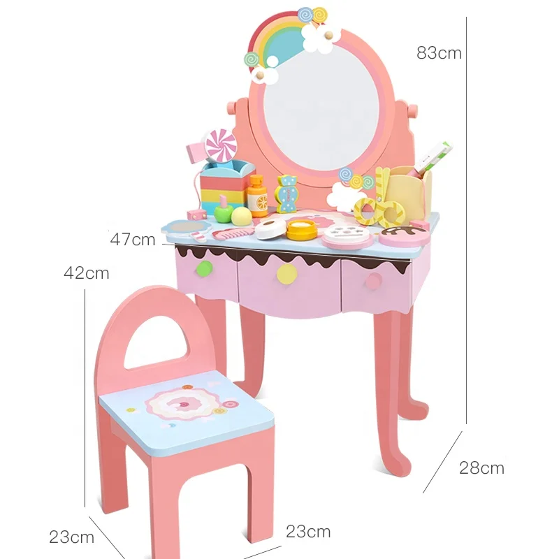 Pretend Vanity Play Set Dressing Table Dresser Wooden Toy Makeup Vanity Table with Mirror