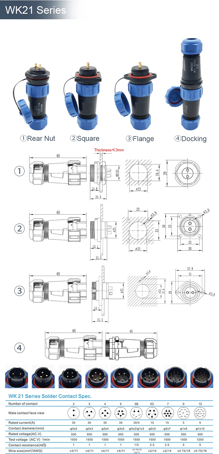 Circular Connector Wk21 Docking Connector Pin Plug and Socket Threaded Sp Series Waterproof Connector