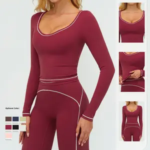 Newest Women Line Crew Neck Tight Tops Long Sleeves Sports Wear Gym Yoga Pink T Shirt High Waist Leggings Fitness Sets