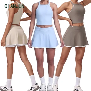 New Running Sports Gym Fitness Tight Sleeveless T Shirt High Waist Yoga Tennis Skirt Set Sportswear Tennis Skirt Set