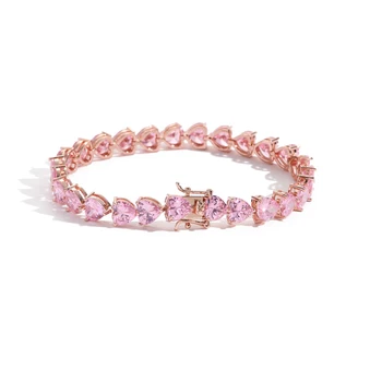 Hiphop Female Jewelry Claw Setting Zircon 7mm Heart Shape Tennis Bracelet Rose Gold Iced Out CZ Pink Heart Link Chain Bracelet