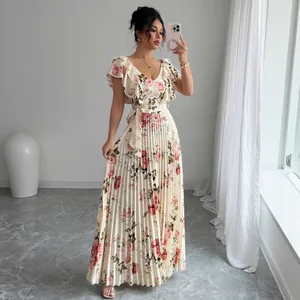 V-neck Floral Print Dress Vacation Ruffle Waist A-line Skirt Elegant Romantic Women's Pleated Dress with Belt