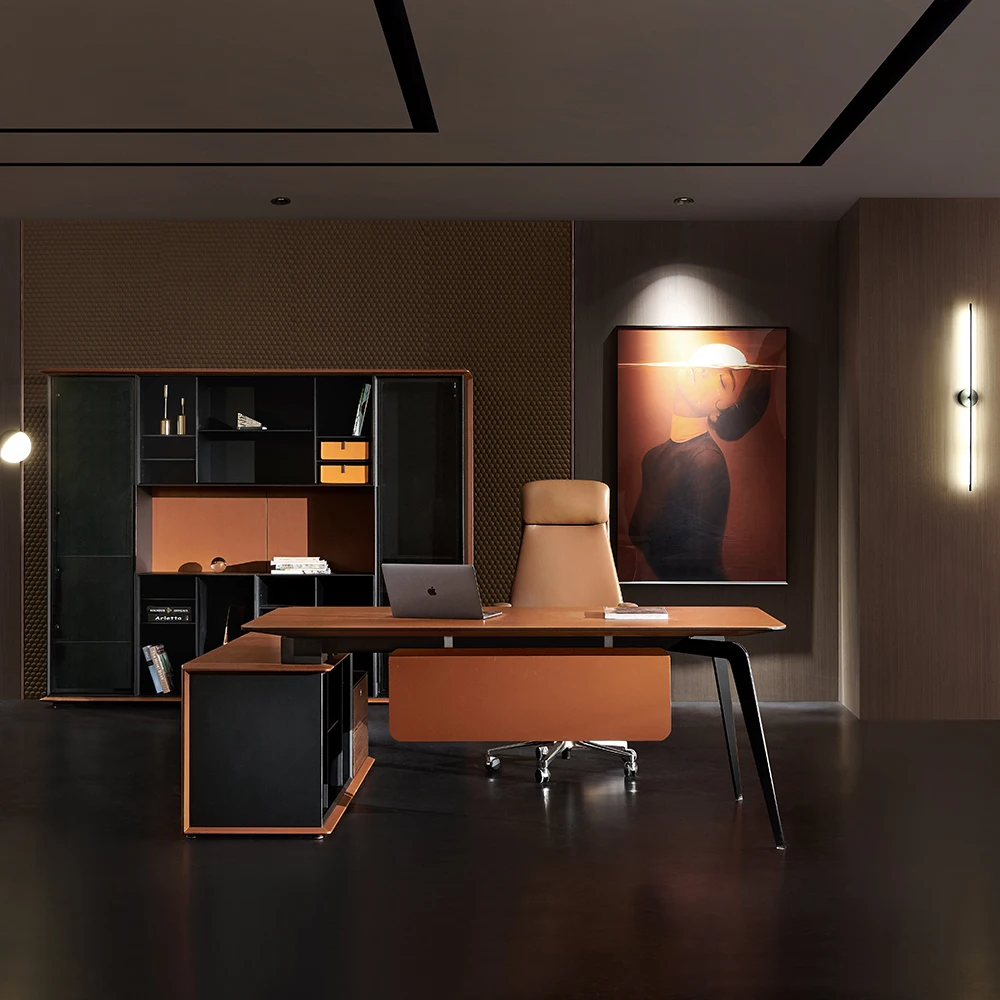 Saddle Leather Office Boss Table with Smart Fingerprint Lock L Shaped Office Desk MDF Office Furniture Executive Working Desk