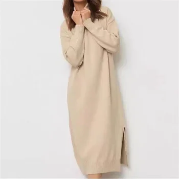 Aliexpress Fashion Women's Elegant Turtleneck Knitted Sweater Long Sleeve over the Knee Dress Midi Length