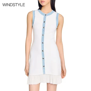 Elegant Floral Pattern Mid-Length Knit Dress Single-Breasted Sleeveless Crew Neck Pleated Detail for Spring/Summer White Outfit