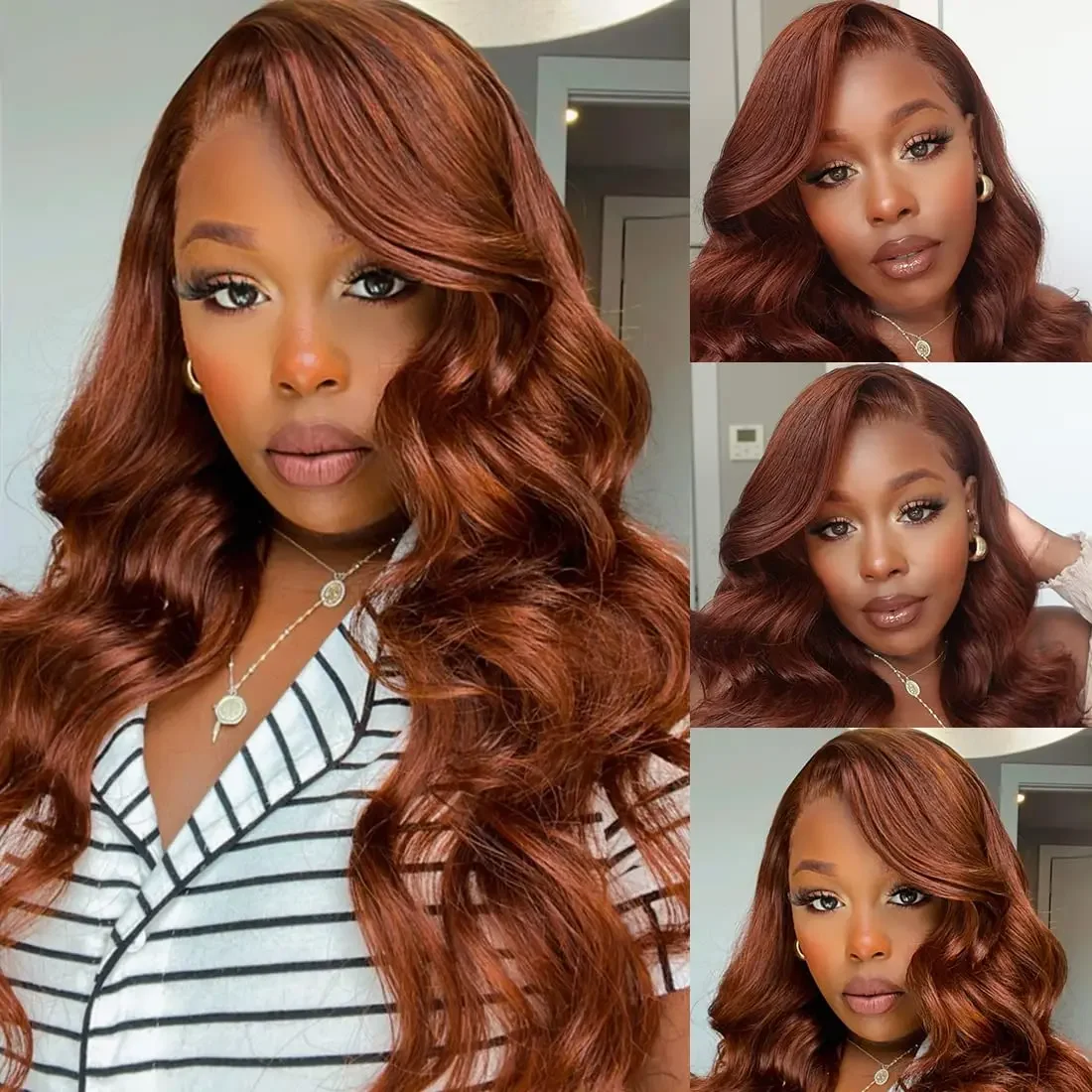 Rötlich Braune Body Wave Echthaar Lace Front Perücke Glueless_voghion.com