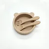 Ciotola in silicone color marrone chiaro a forma di orsetto con cucchiaio interamente in silicone
