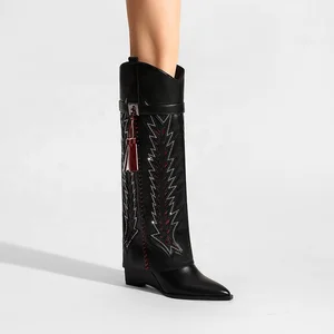 Custom Woman's Comfortable Knee High Fold Over Boots with Pointed Toe and Covered Wedge Heel Cowboy Western Style Shoes