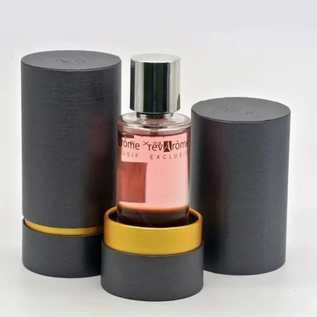 Eco-friendly custom cosmetic tube paper black packaging perfume bottle cardboard printing round boxes for perfume