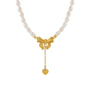 OEM Romantic Style Stainless Steel 18K Gold Plated Bowknot Heart Charm Necklace with Natural Pearl Beads for Women