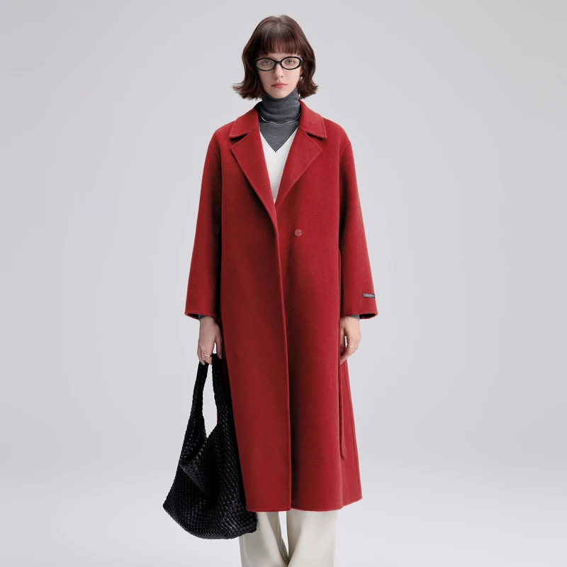 2025 Spring New Elegant Belted Long Cashmere Coat Loose Turn Down Collar Water Ripple Korea Wool Coat Ladies