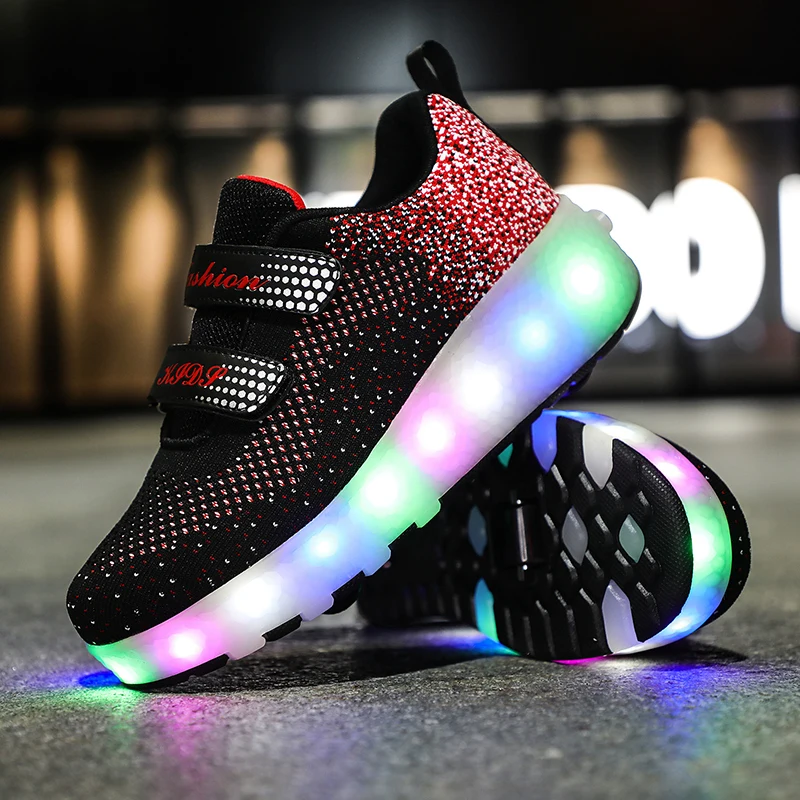 Two Wheels Retractable Roller Skate Shoes For Kids Light Up Fitness Sneakers