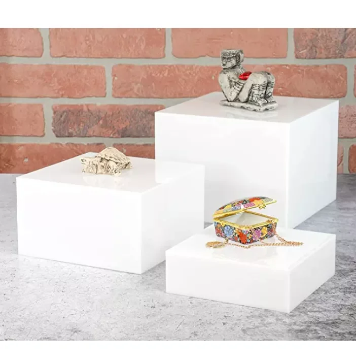 Set Of 3 Glossy White Acrylic Cube Display Nesting Risers With Hollow
