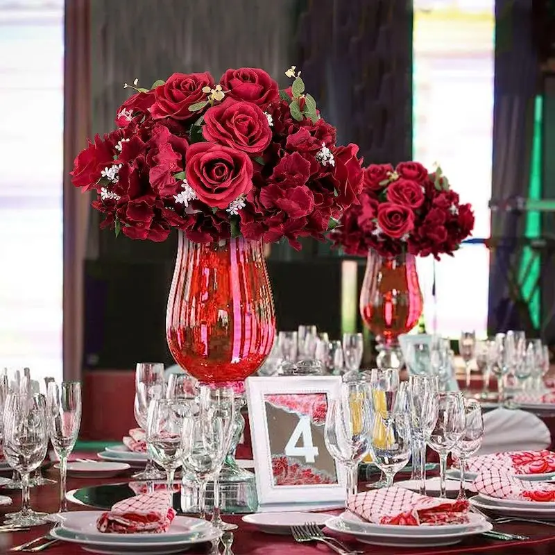 Flores Arrangements Silk Bridal Bouquet Red Roses Flower Balls Wedding