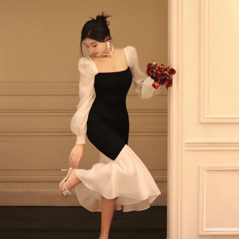 Bettergirl Autumn Square Collar Knitted Maxi Dress With Sequined Decoration & Empire Waist