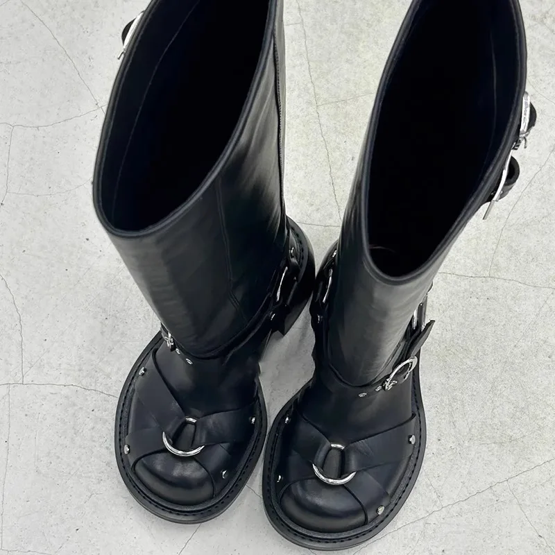 Fashion Women Vintage Black Solid Thick Soled Square Toe Belt Buckle Chunky Heel Mid-leg Winter Knee Hight Boots - Image 5