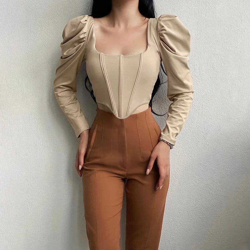 Spring Autumn Casual Vintage Square Collar Puff Sleeve Ladies Trendy Crop Top Fashion Sexy Slim Blouses Elegant Women