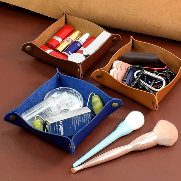 Factory Direct Sales Foldable Sundries Tray Pu Leather Desktop Caddy Portable Snap Button Trays Cosmetics Organizer Box