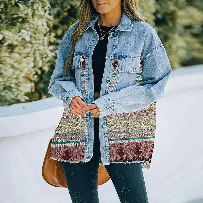 Wholesale Fast Shipping New Arrivals Eco-Friendly Vintage Acid Washed Western Women Clothing Aztec Denim Buttoned Winter Jacket