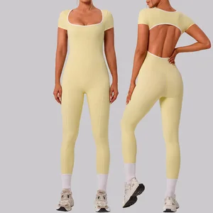 Roregal Quick-drying Breathable Tight Yoga Open-Back Unitard Fitness Hip Lift Barely-There Quick-Dry Yoga Jumpsuit