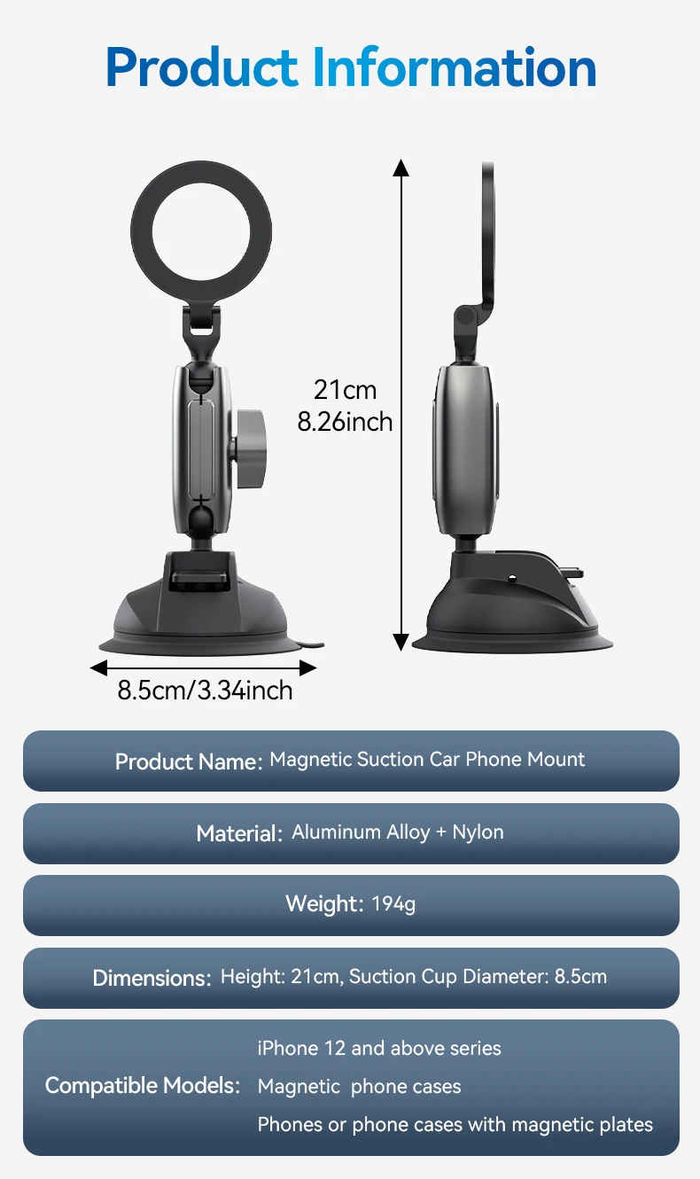 TELESIN  Suction Cup Magnetic Holder Mount for Cellphone with Aluminum Nylon Material for Car Glass