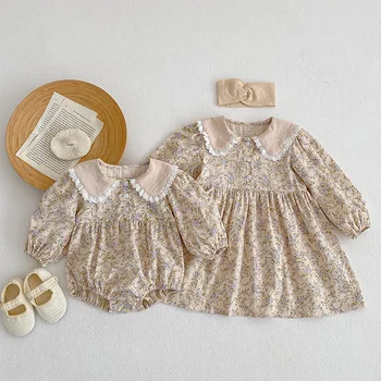 New Korean style spring and autumn baby dresses floral printed girl's baby romper lace baby collar sister's clothing