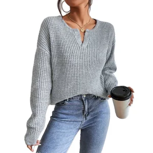 Women's Comfortable Casual V-Neck Solid Color Long-Sleeved Elegant Pullover Top with Breathable Feature for Autumn Season
