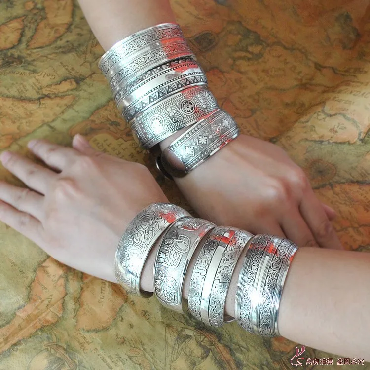 Vintage Tibetan Silver Cuff Bangles Carved Women Bracelets U