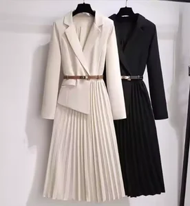 Elegant Ladies Office Clothing Pleated Midi Business Wrap Belt Solid with Long Sleeves Custom Spring Plus Sizes Sweet Style