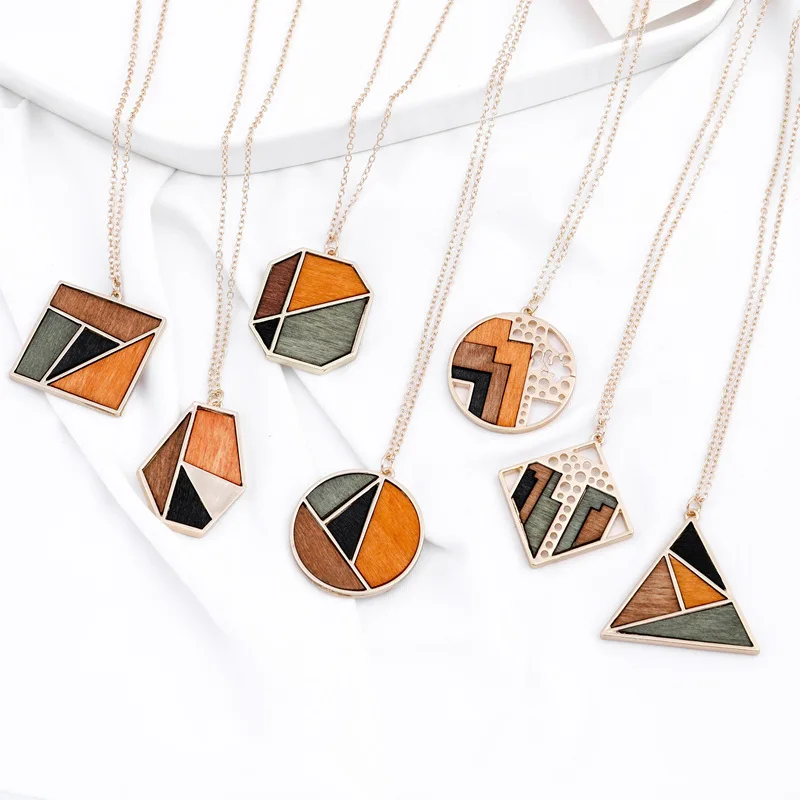 Geometric Fashion Triangular Circular Link Chain Jewelry Necklace Square  Oil Drip Pendant Wooden Sweater Chain Necklace