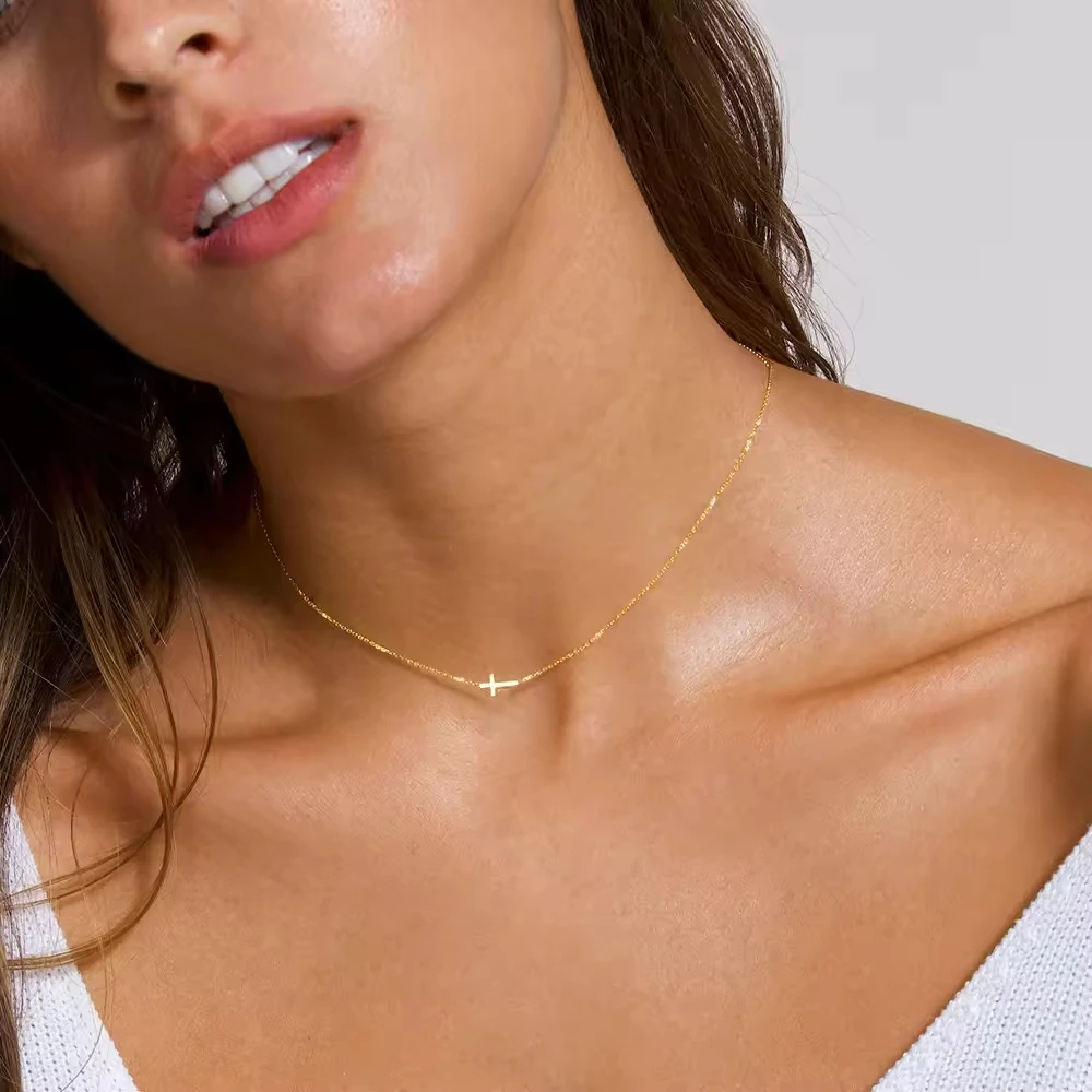18K Gold Dainty Cross Pendant Necklace for Women