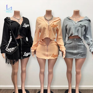 Huili New Trending Custom Logo Soft Breathable Raw Hem Hooded Top & Zipper Mini Skirt Outfit Hoodie Two Piece Set Women Clothing