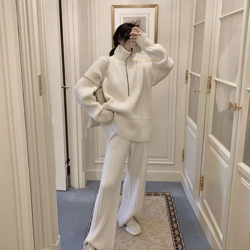 EasyGarment 2021 Spring Autumn Casual Women 2 Piece Set Turtleneck Pullover Sweater Wide Leg Rib Pants Female Knit Tracksuit