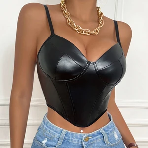 JENGS New Camisole European and American Style Sexy Low Cut Rhombus Slim Leather Corset with Exposed Navel Firm Control Level