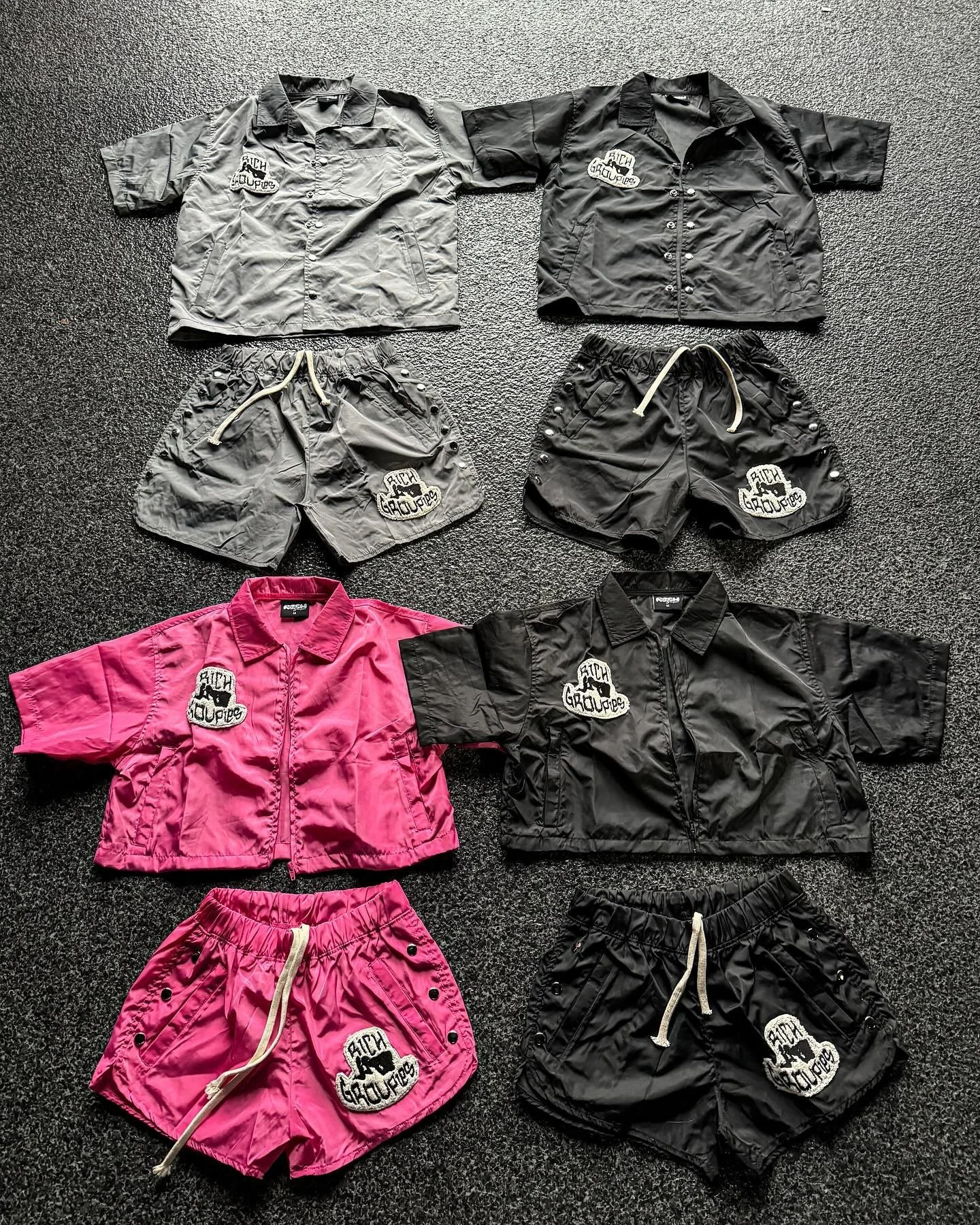 Custom Patches Unisex 2 Piece Jogger Windbreaker Nylon Zip up Buttons Lapel Shirt Jacket Tracksuit and Shorts Set for Men gallery 2