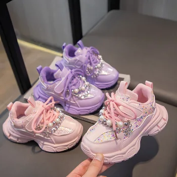 Low Moq High Quality Children Girls Thick Shoes Walking Casual Glittery Sneakers Pearl Chain Fashion Running Sneakers for Kids