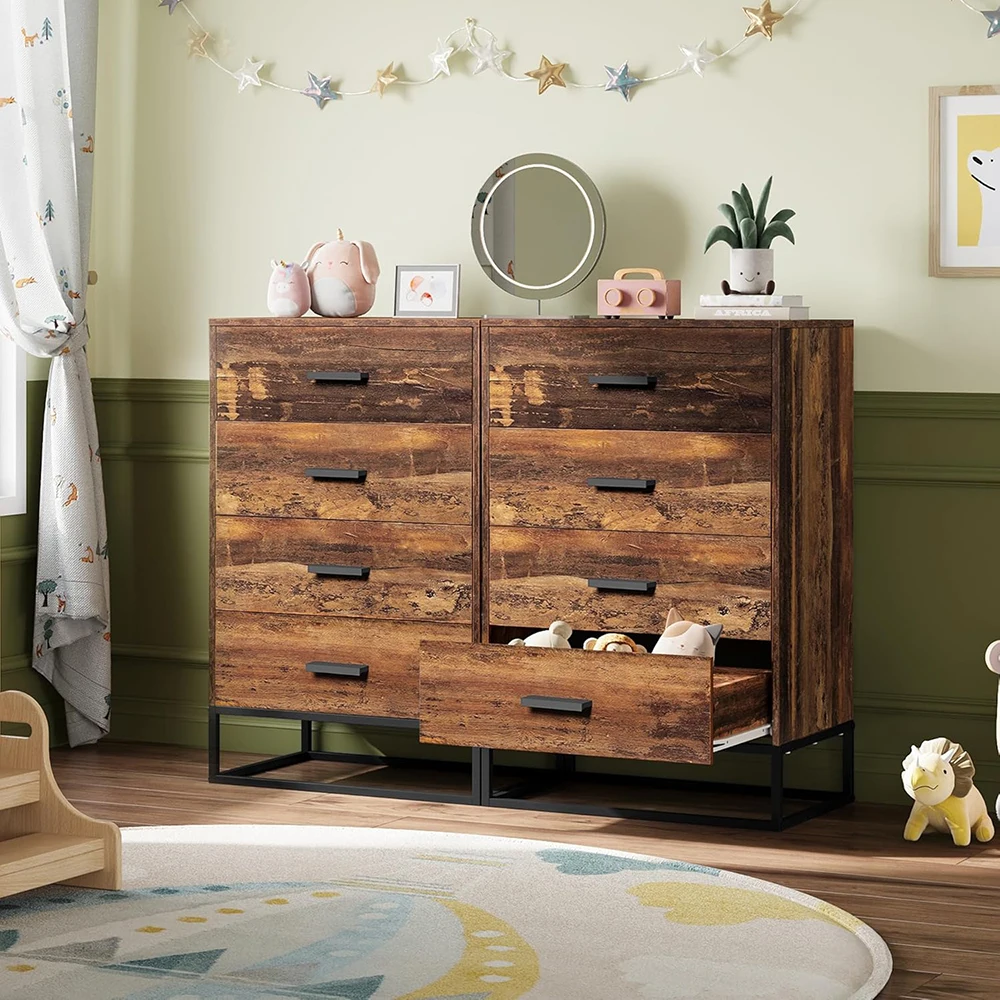 product modern wood dresser with 4 drawers tall sturdy metal frame wooden chest for bedroom  living room brown oak-8