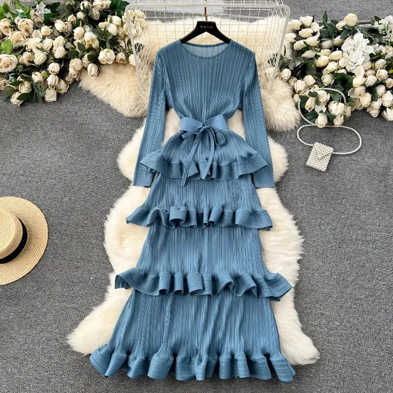 long sleeve miyake pleat dress Pleats Please Issey Miyake Fabric Pleated Dress, Batwing Sleeve Dress with Slit