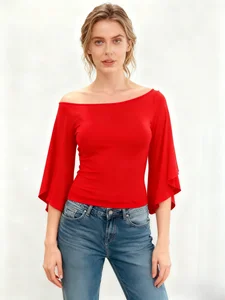 Spring/Autumn Knitted Soft Stretch Fashion Chic Boat Neck Elbow Sleeve Top Off - Shoulder Double - Layered Bell Sleeve Top