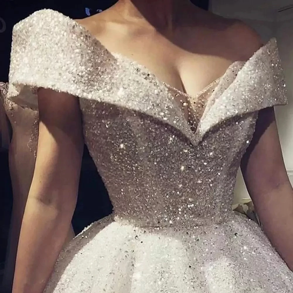 Luxury Sparkle Sequins Ball Gown Wedding Dress Off the Shoulder Dubai Arabic Bridal Gowns Long Backless Shiny Vestidos Plus Size