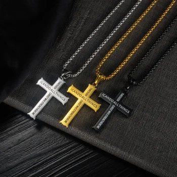 Inspirational Engraved Jewelry I CAN DO ALL THINGS Cross Pendant Custom Logo Stainless Steel Silver Gold Black Necklaces