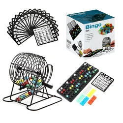 Wire Metal Cage Bingo Game Set 75 Balls Machine Rotary 6 Cards Toys Kids Family Card Games