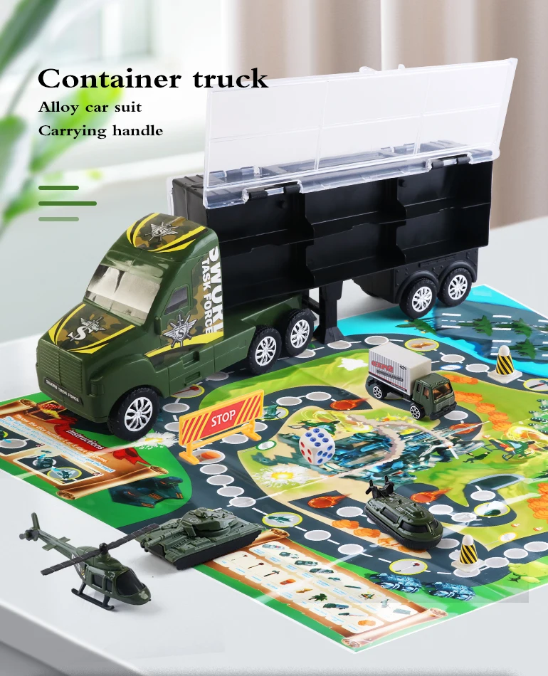 14 inch alloy loading transporter car cargo trailer military die cast metal container diecast truck toy with traffic play mat