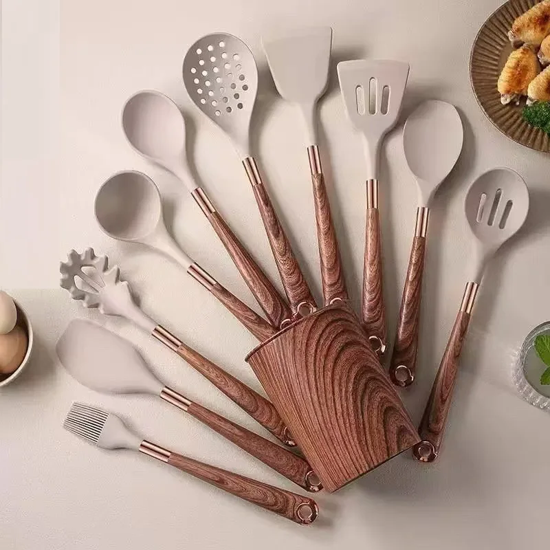 High Quality 12-Piece Eco-Friendly Non-Stick Lightweight Silicone Kitchen Utensils Set Wood Grain Design Cooking Accessories